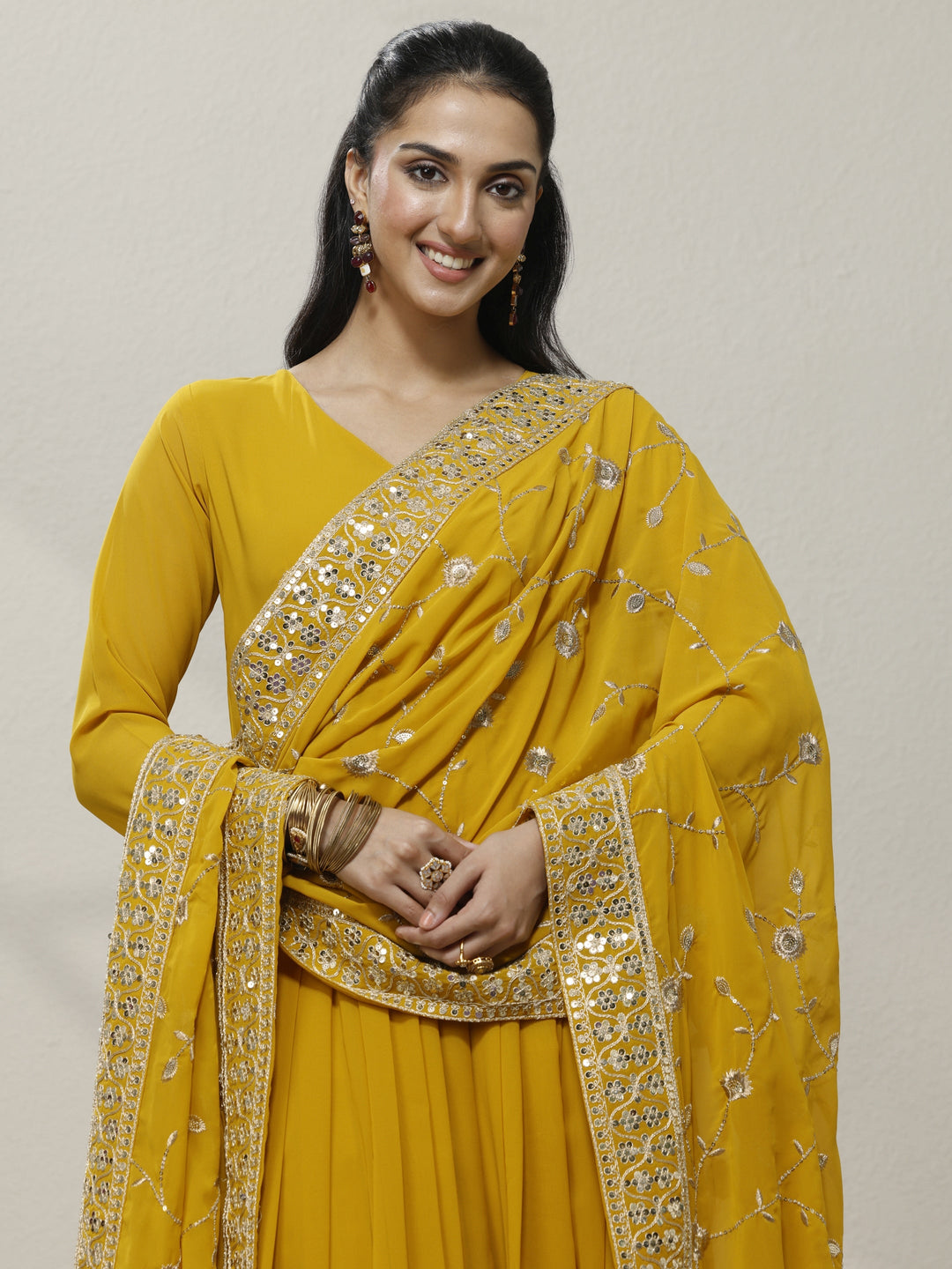  Mustard Embellished Georgette Anarkali Suit Set With Dupatta 