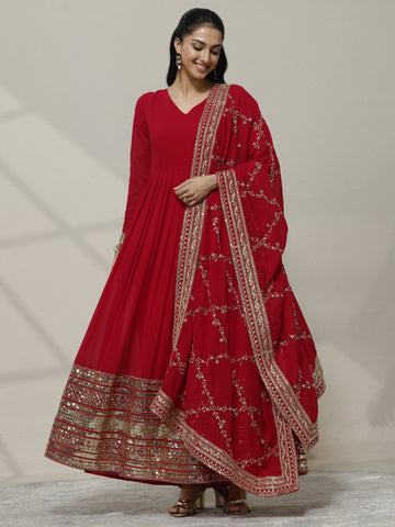 Red Embellished Georgette Anarkali Suit Set With Dupatta