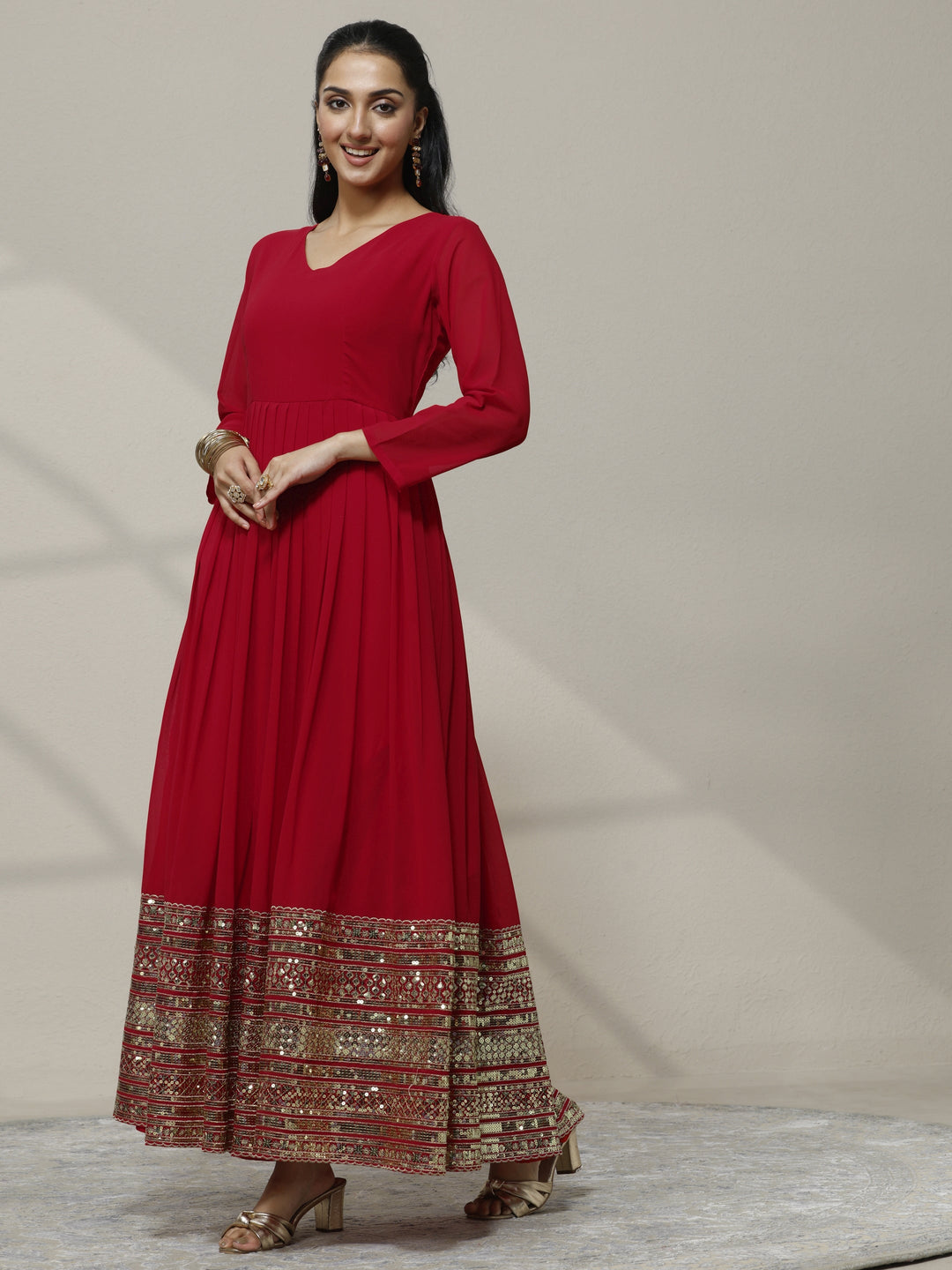  Red Embellished Georgette Anarkali Suit Set With Dupatta 