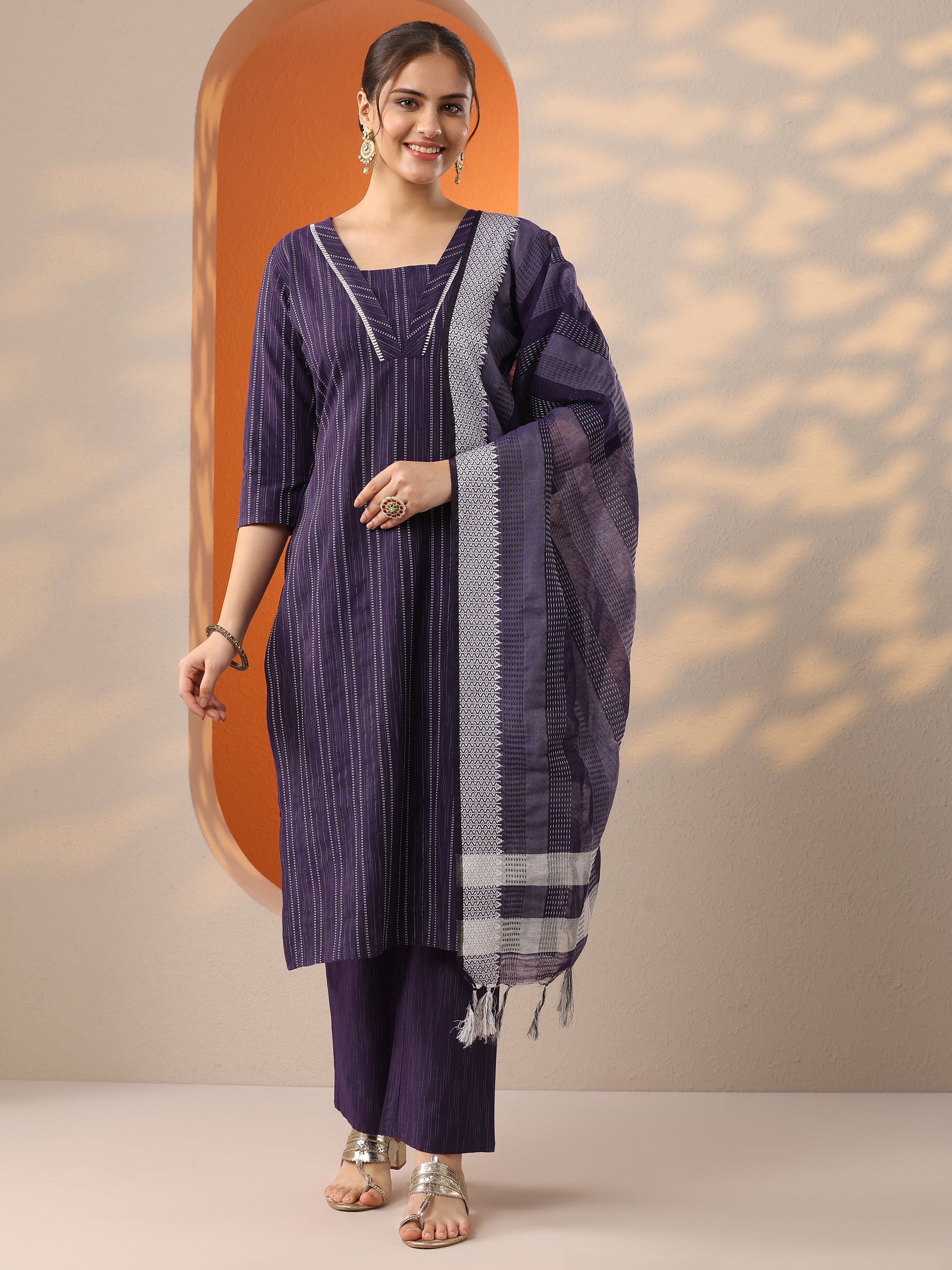 libas Burgundy Woven Design Cotton Blend Straight Suit Set With Dupatta-picture-36