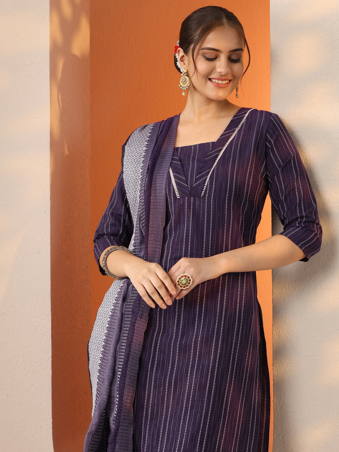  Burgundy Woven Design Cotton Blend Straight Suit Set With Dupatta 