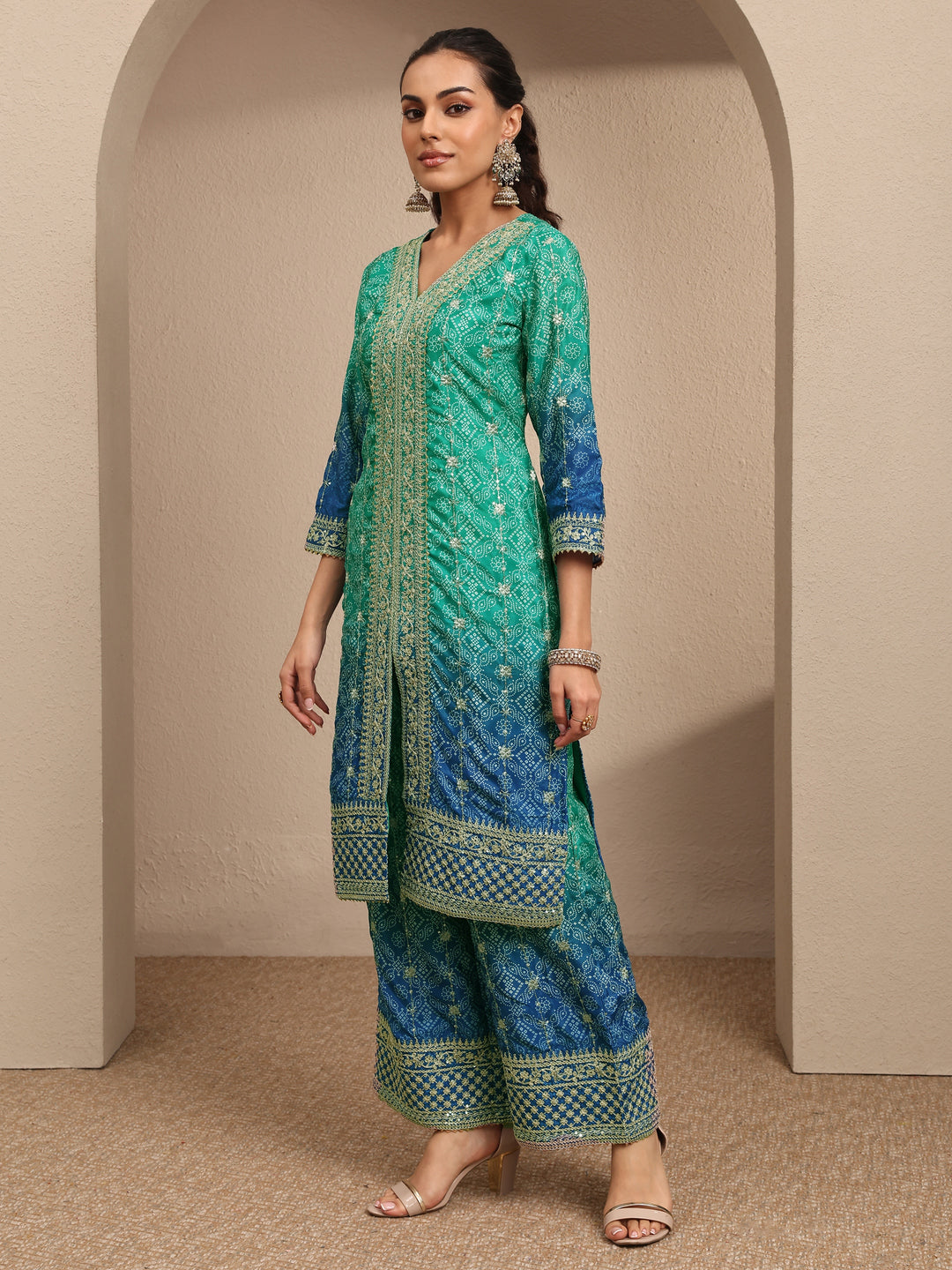  Green Bandhani Printed Chinon Straight Suit Set With Dupatta 