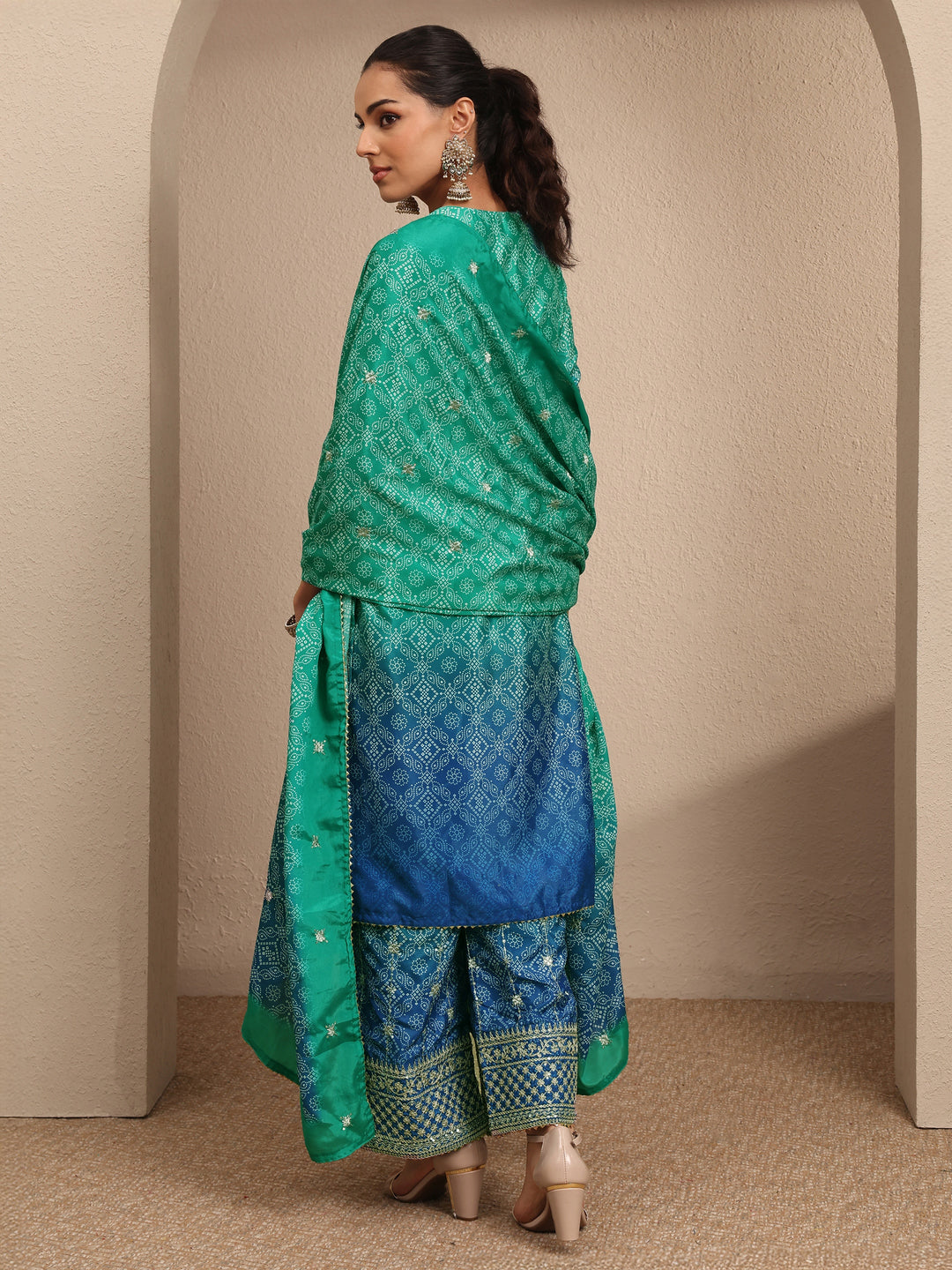  Green Bandhani Printed Chinon Straight Suit Set With Dupatta 