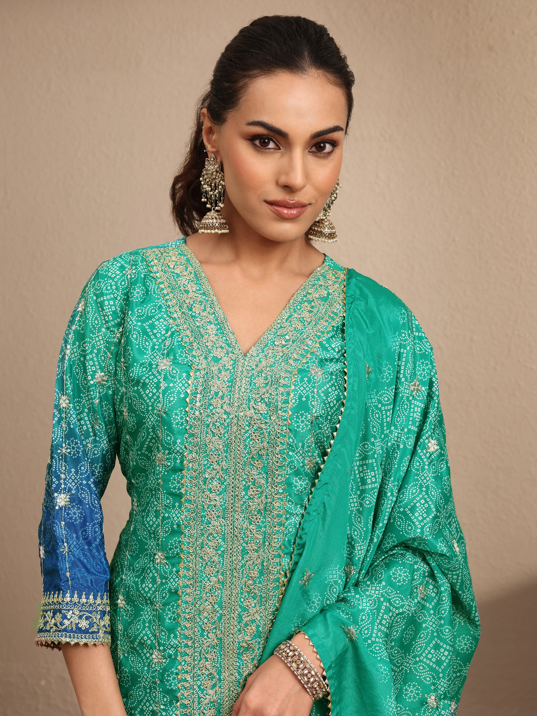 Green Bandhani Printed Chinon Straight Suit Set With Dupatta 