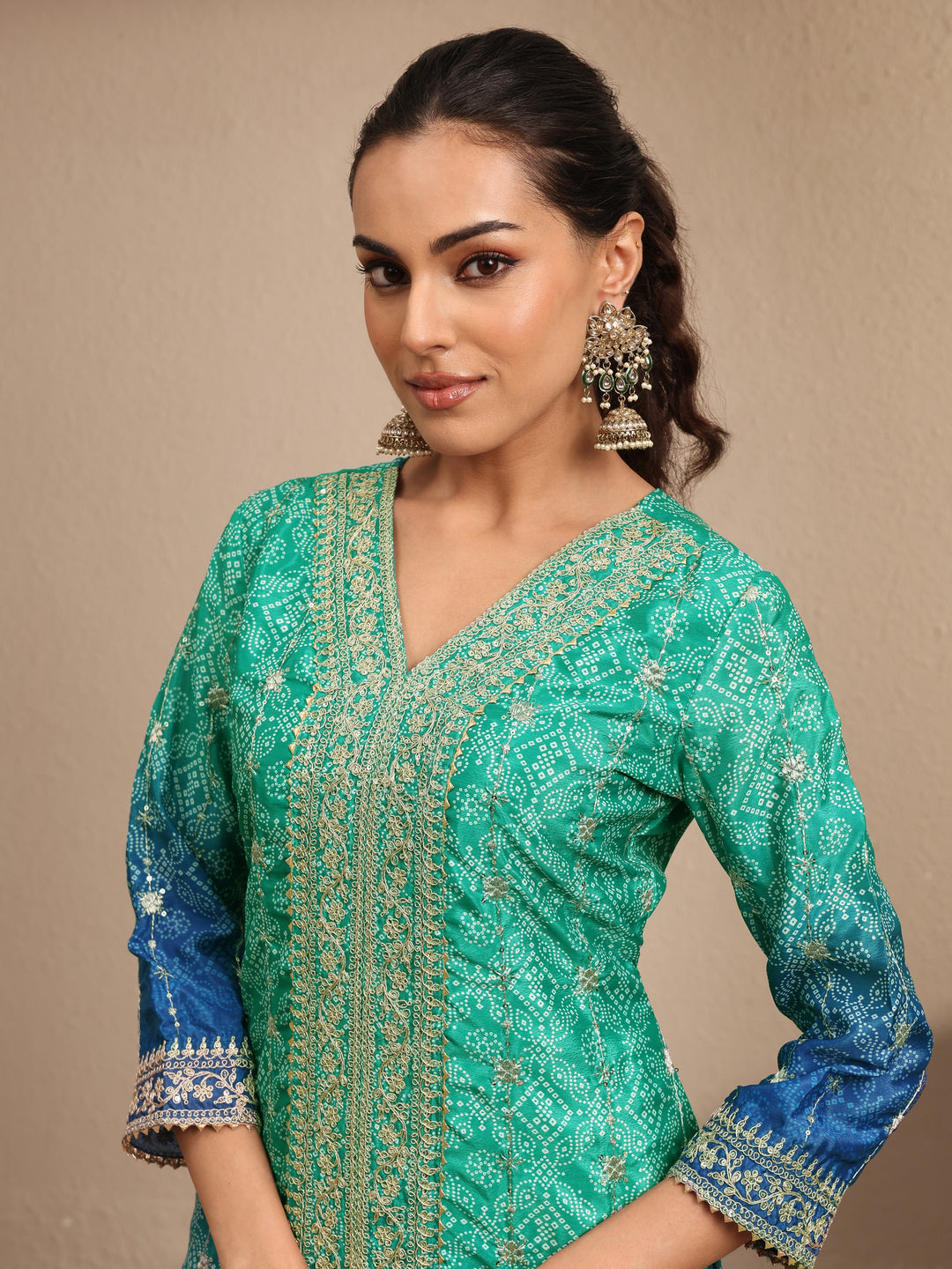  Green Bandhani Printed Chinon Straight Suit Set With Dupatta 