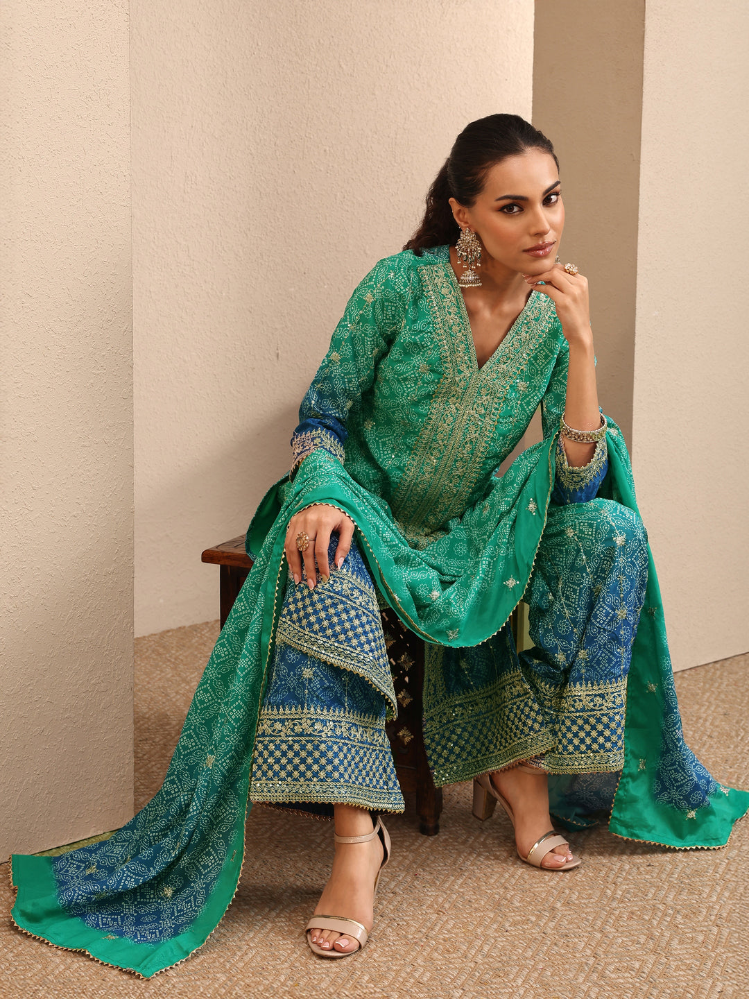  Green Bandhani Printed Chinon Straight Suit Set With Dupatta 