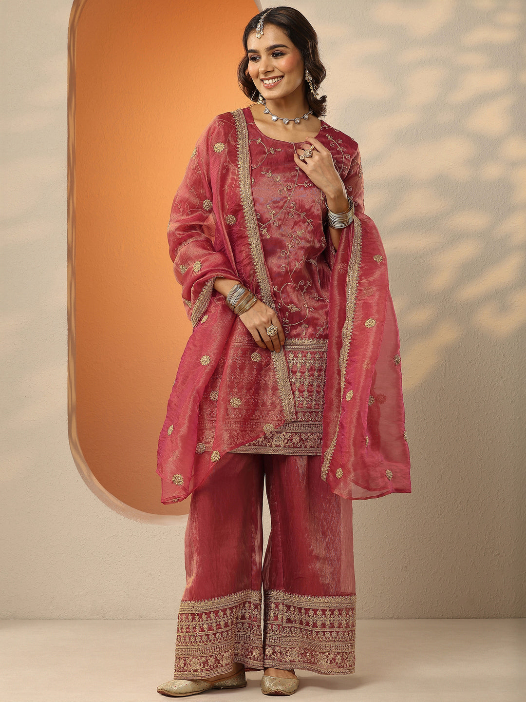  Libas Art Pink Embroidered Organza Straight Suit Set With Dupatta 