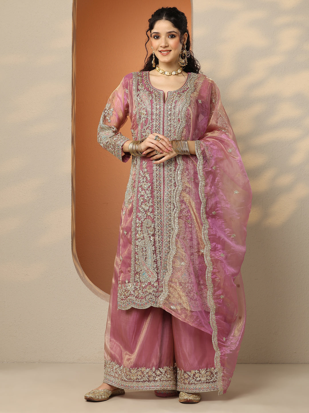  Libas Art Gold Embroidered Organza Straight Suit Set With Dupatta 