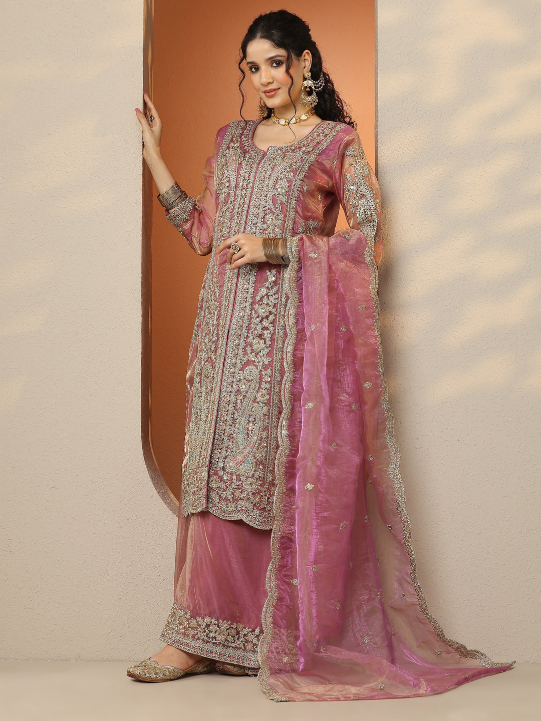 Libas Art Gold Embroidered Organza Straight Suit Set With Dupatta 