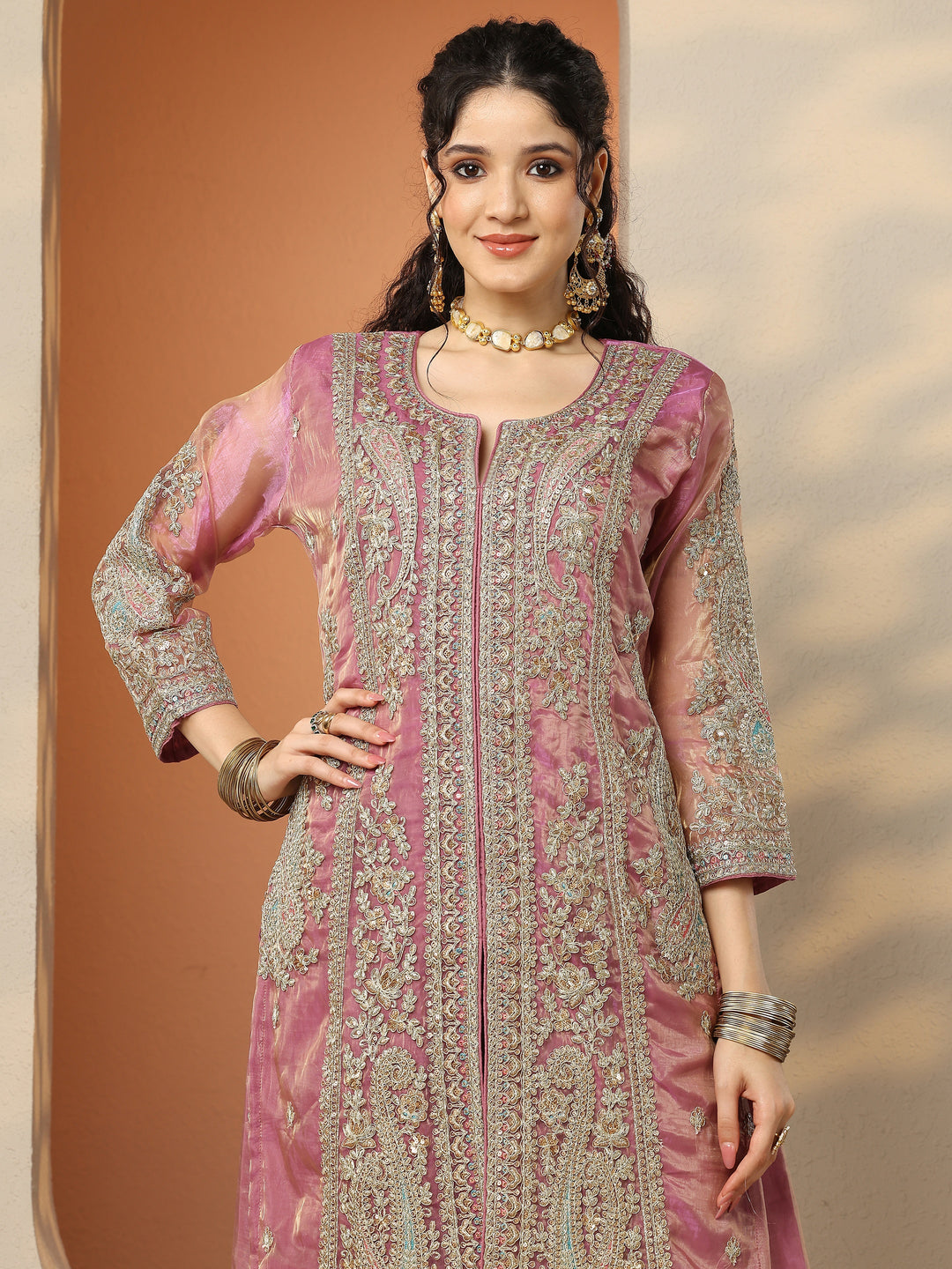  Libas Art Gold Embroidered Organza Straight Suit Set With Dupatta 