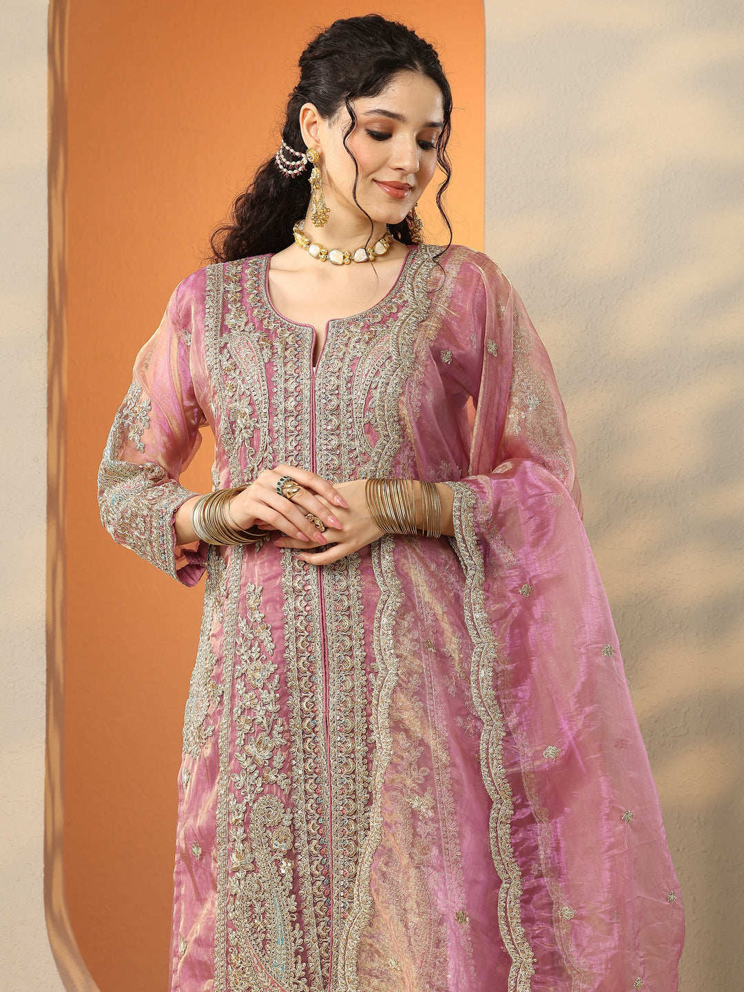  Libas Art Gold Embroidered Organza Straight Suit Set With Dupatta 