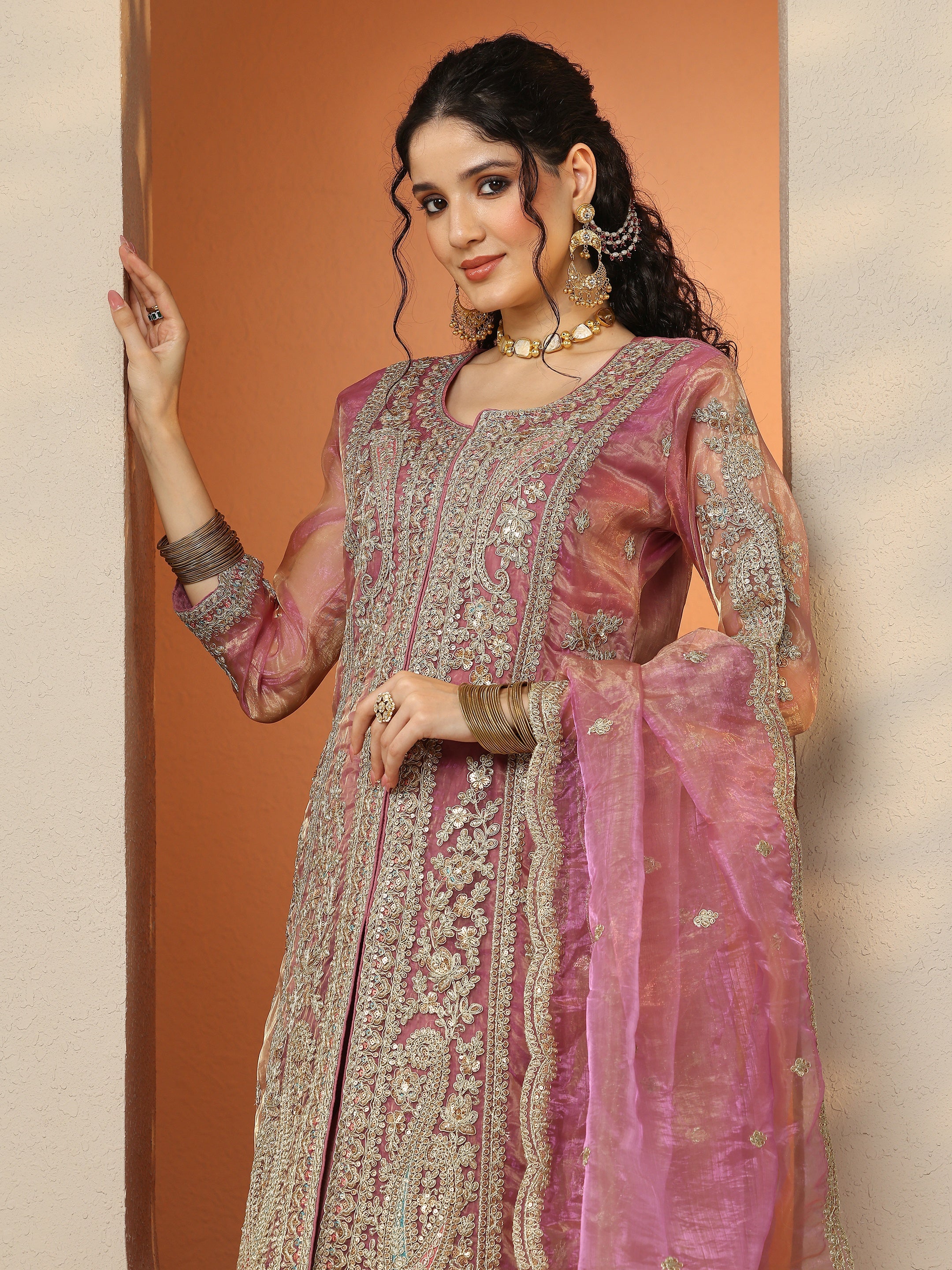 Libas Art Gold Embroidered Organza Straight Suit Set With Dupatta-picture-29