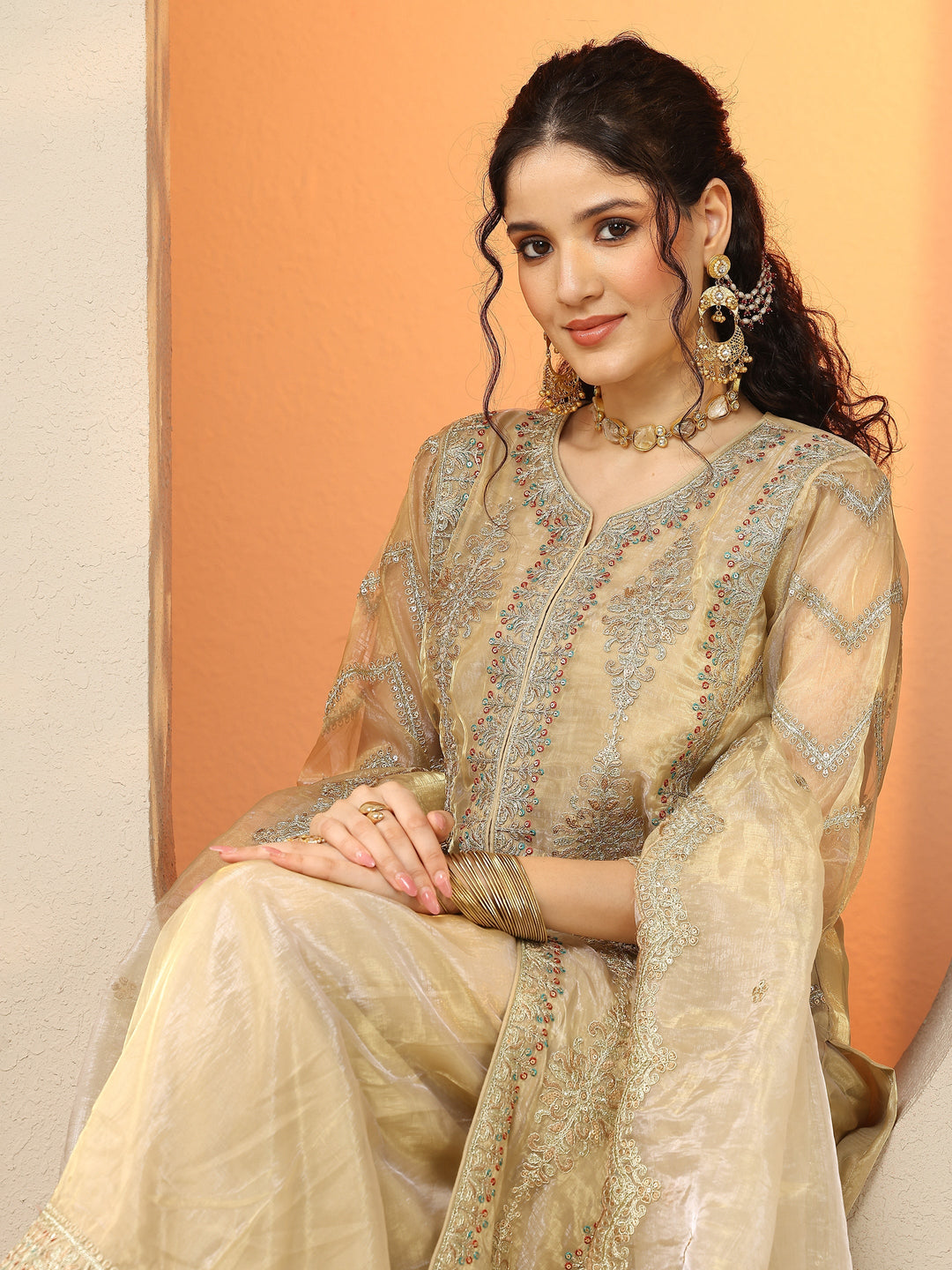  Libas Art Green Embroidered Organza Straight Suit Set With Dupatta 