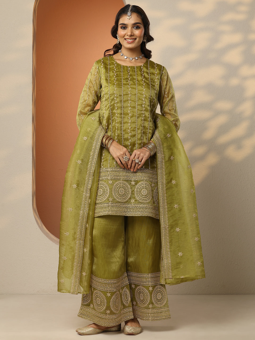  Libas Art Mustard Embroidered Chinon Straight Suit Set With Dupatta 