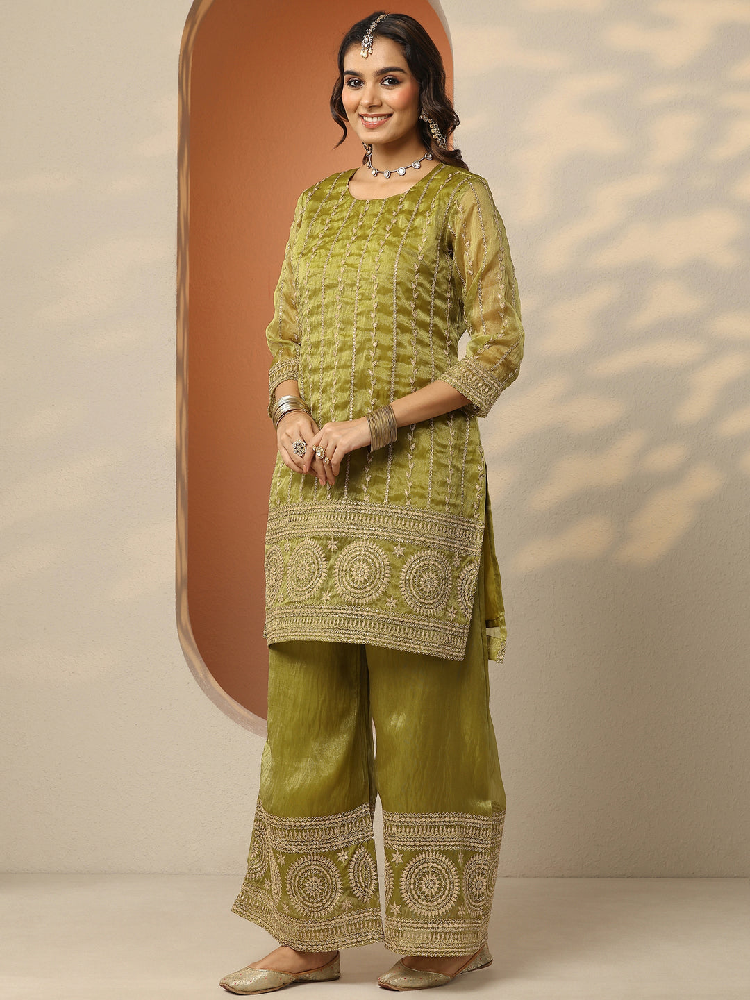  Libas Art Mustard Embroidered Chinon Straight Suit Set With Dupatta 