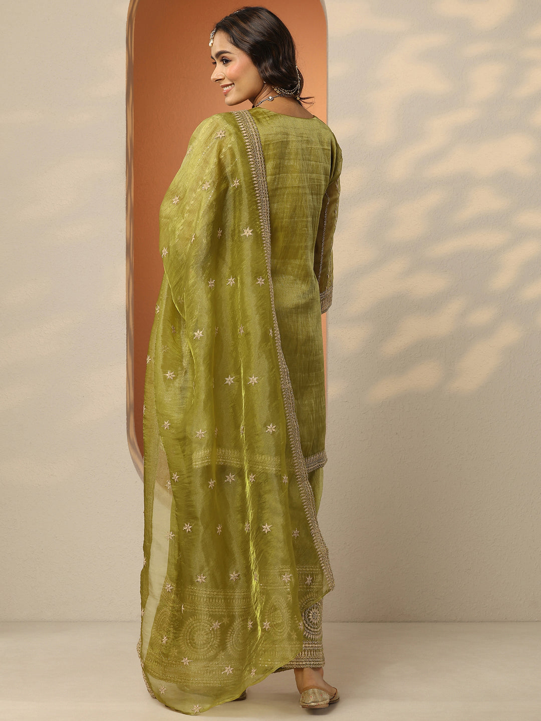  Libas Art Mustard Embroidered Chinon Straight Suit Set With Dupatta 