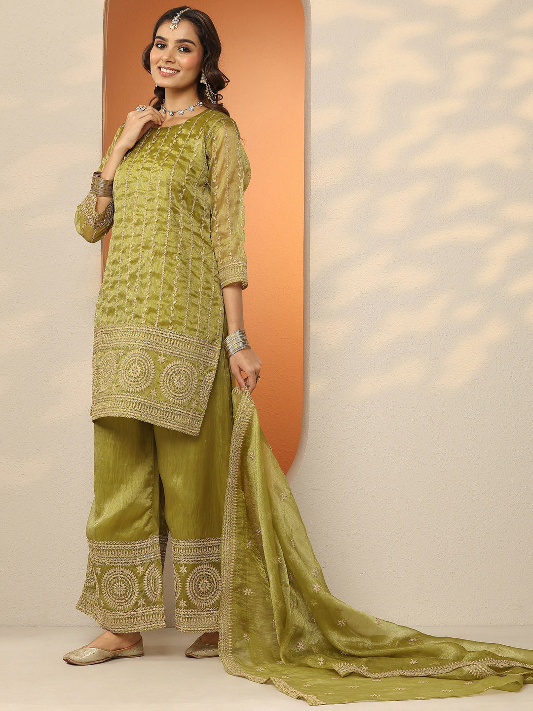 Libas Art Mustard Embroidered Chinon Straight Suit Set With Dupatta