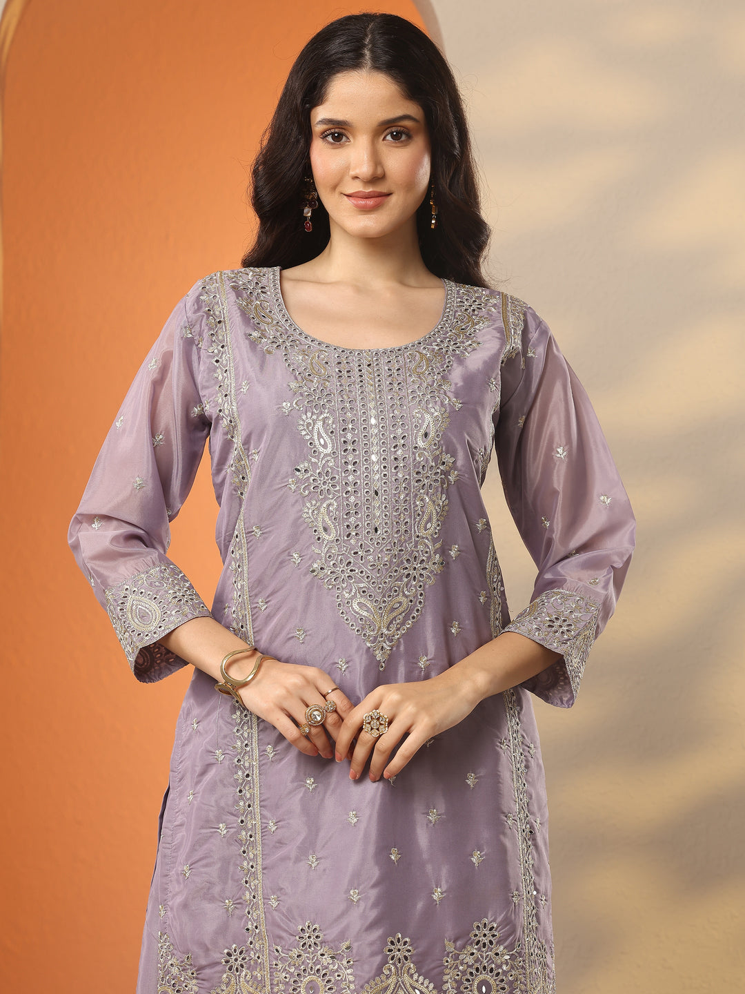  Libas Art Lavender Embroidered Organza Straight Suit Set With Dupatta 