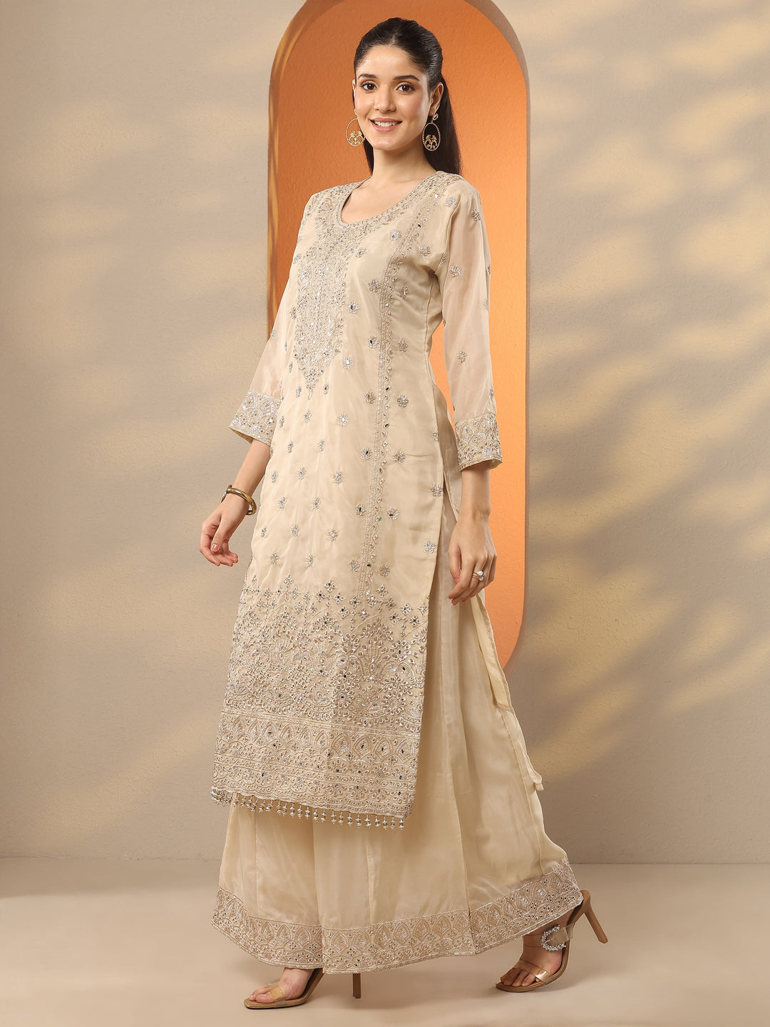  Libas Art Cream Embroidered Organza Straight Suit Set With Dupatta 
