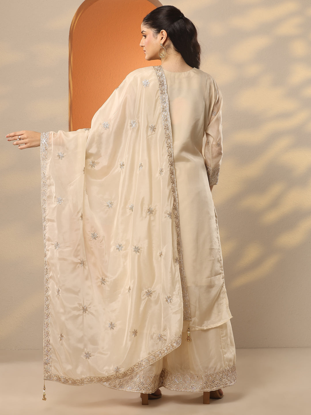  Libas Art Cream Embroidered Organza Straight Suit Set With Dupatta 