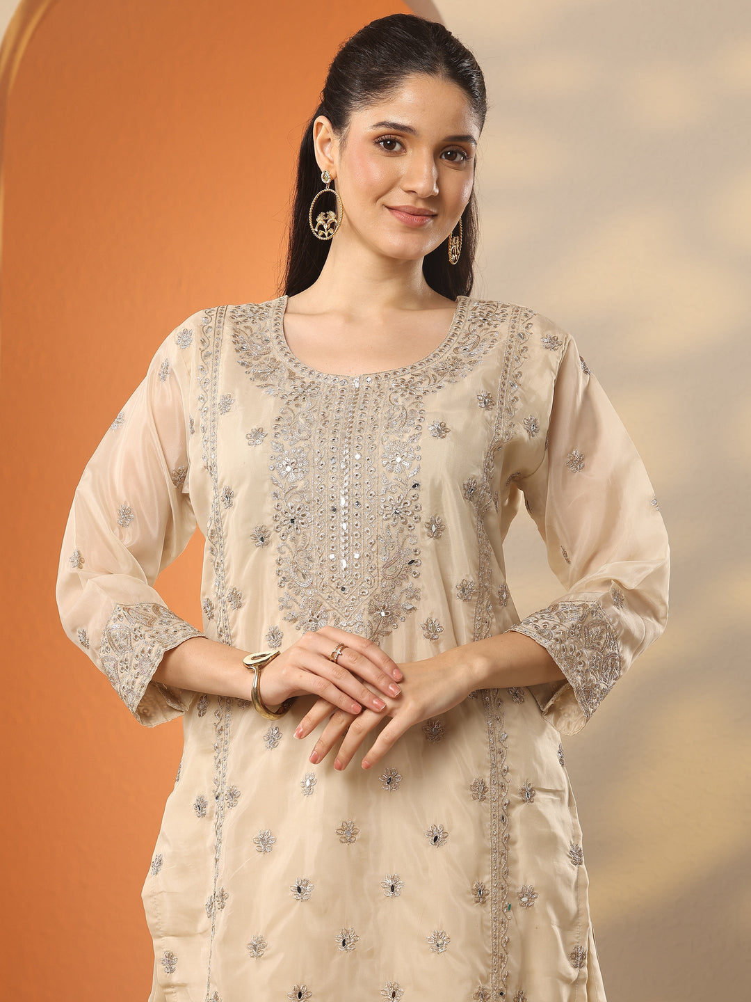  Libas Art Cream Embroidered Organza Straight Suit Set With Dupatta 