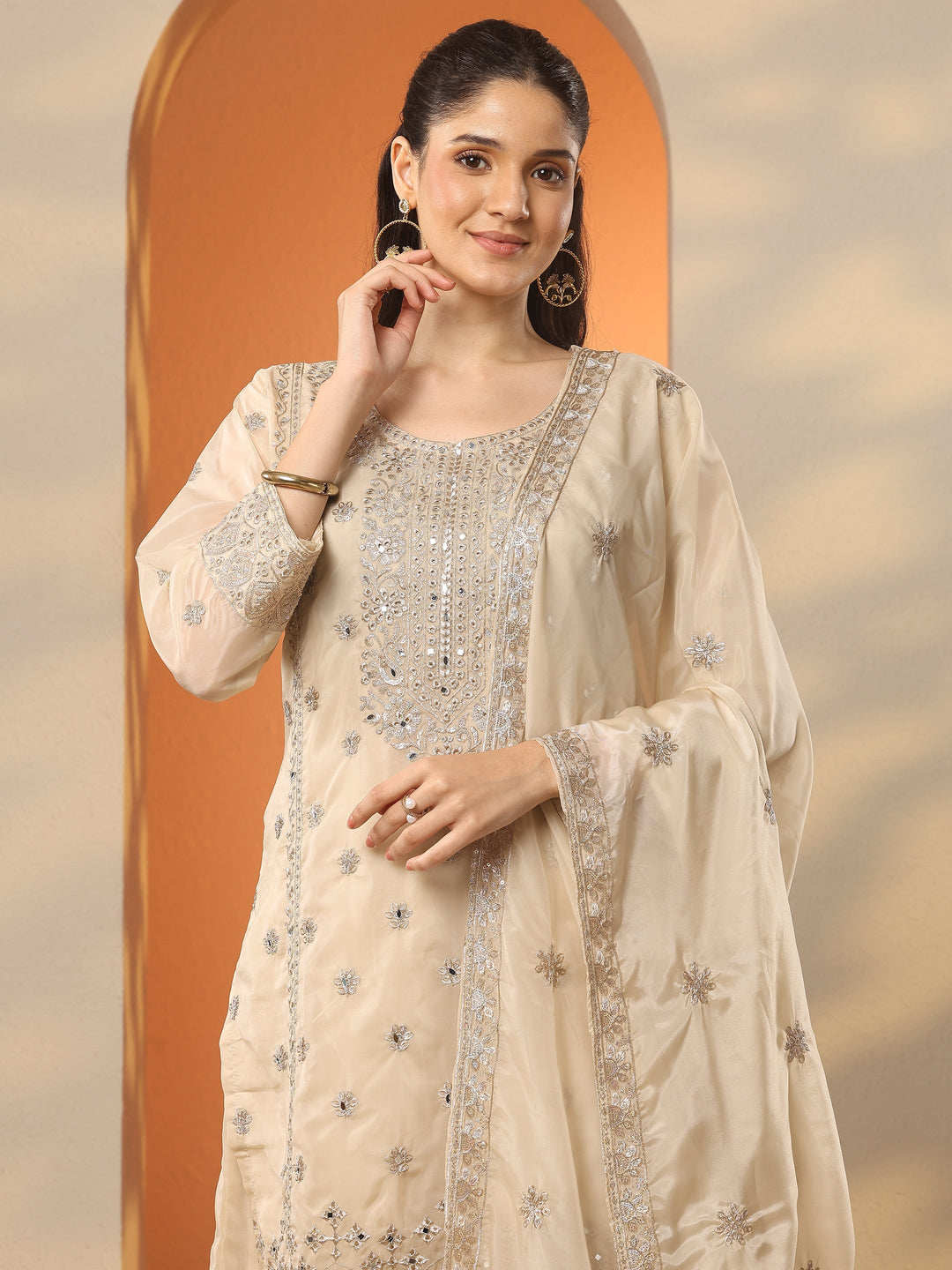  Libas Art Cream Embroidered Organza Straight Suit Set With Dupatta 