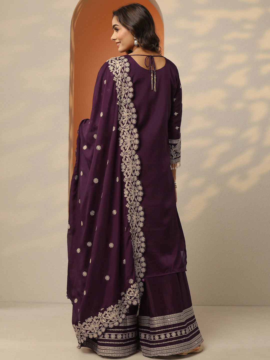  Libas Art Red Embroidered Chinon Straight Suit Set With Dupatta 