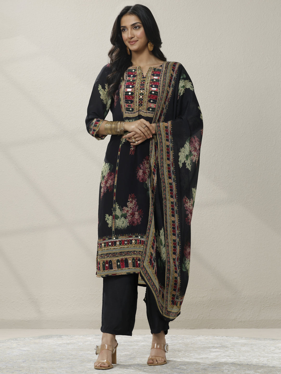  Black Printed Chinon Straight Suit Set With Dupatta 