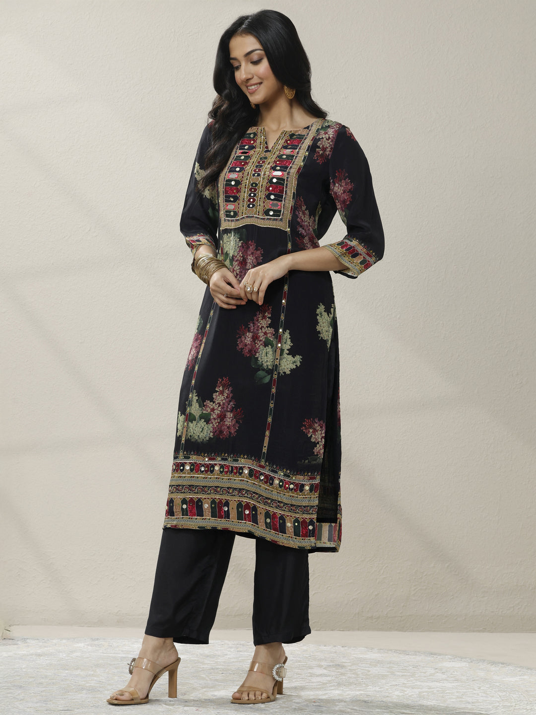  Black Printed Chinon Straight Suit Set With Dupatta 