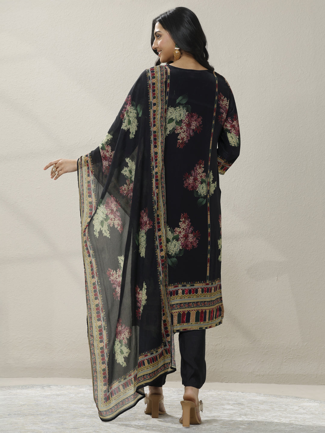  Black Printed Chinon Straight Suit Set With Dupatta 