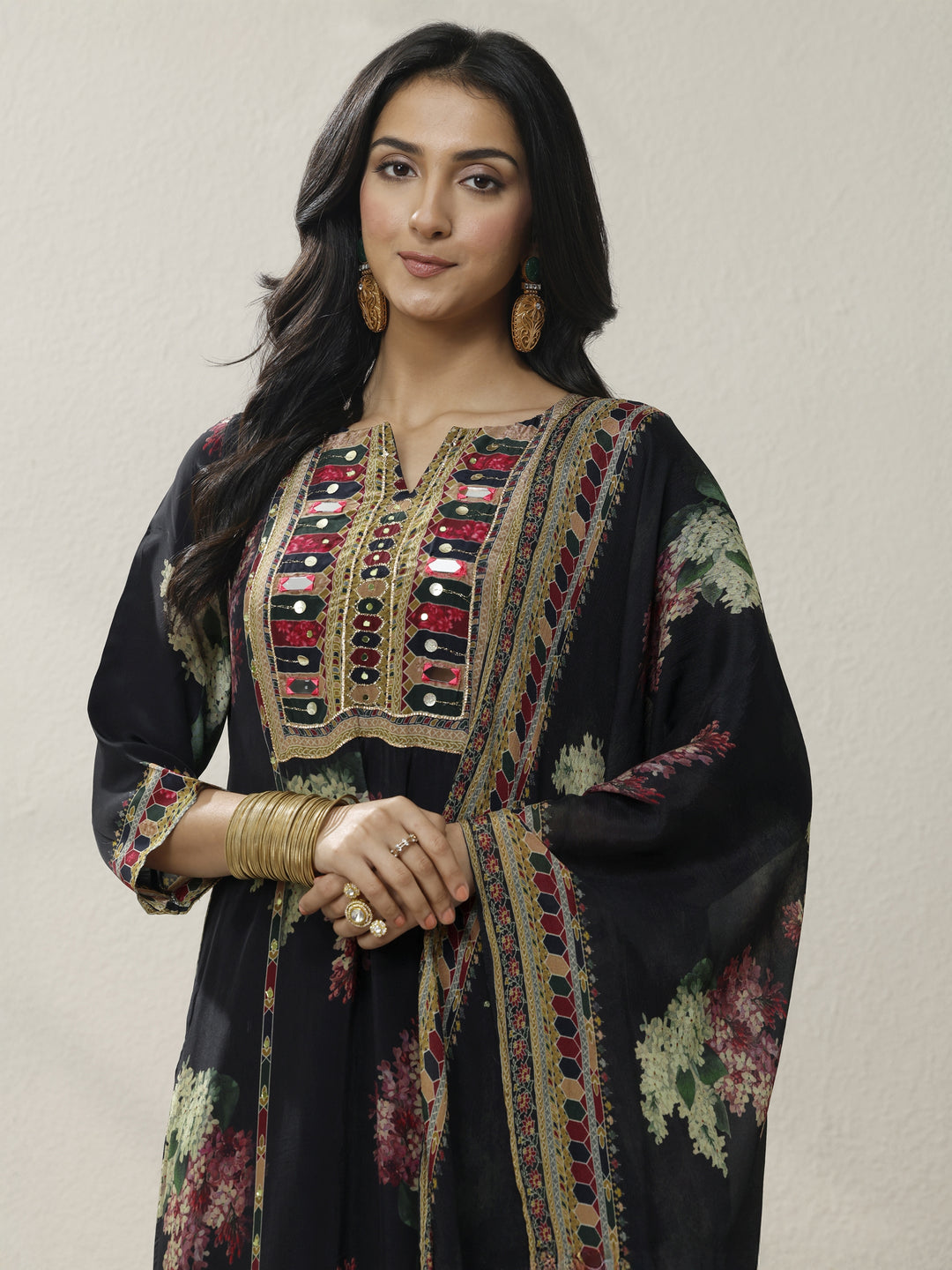  Black Printed Chinon Straight Suit Set With Dupatta 