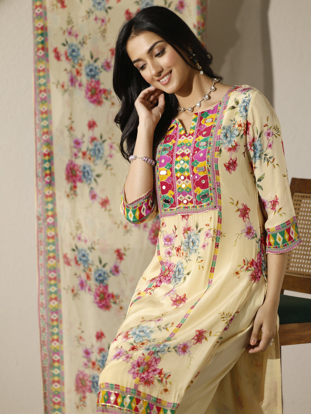  Cream Printed Chinon Straight Suit Set With Dupatta 
