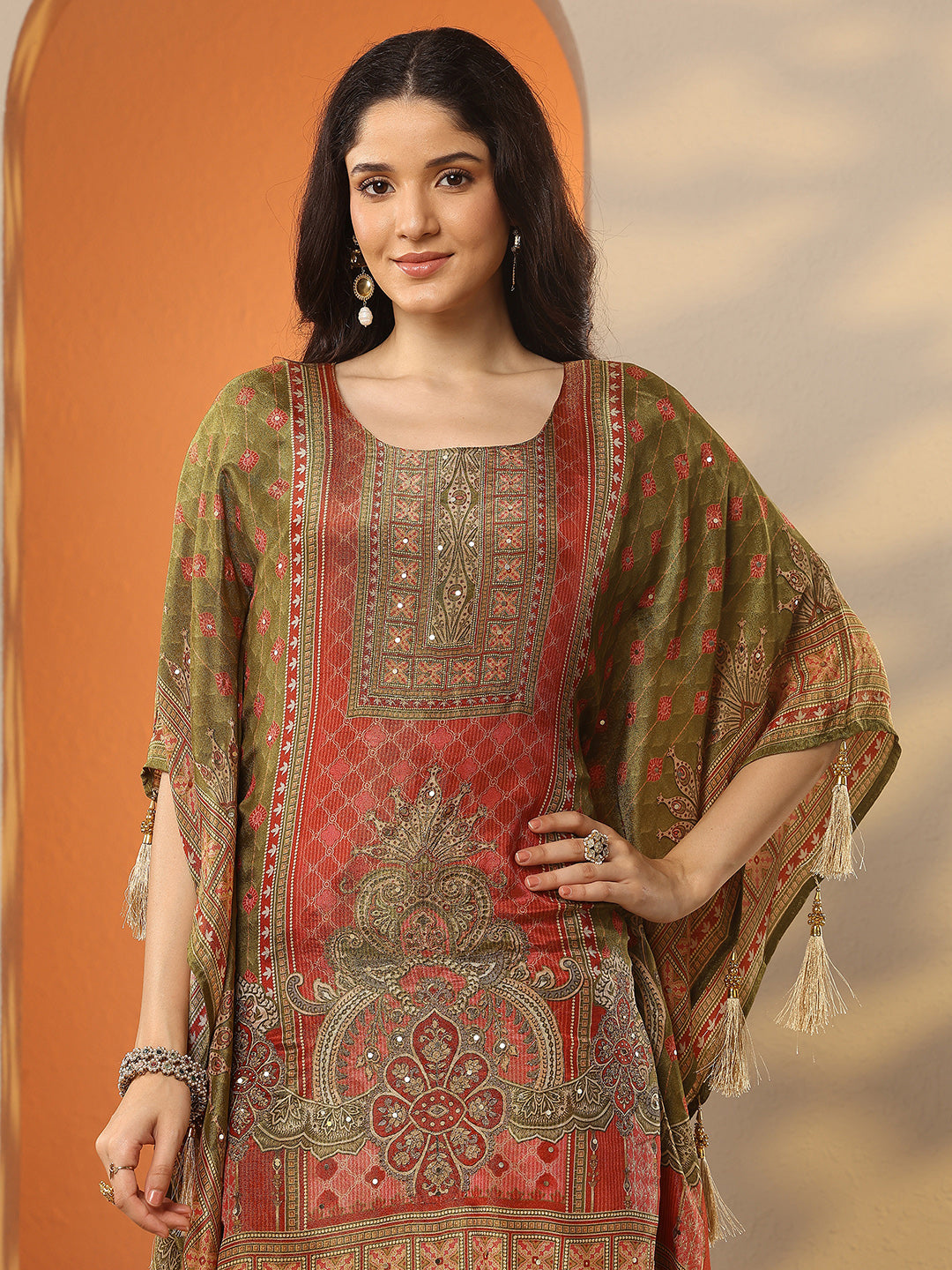 Green Printed Silk Blend Straight Kurta Set 