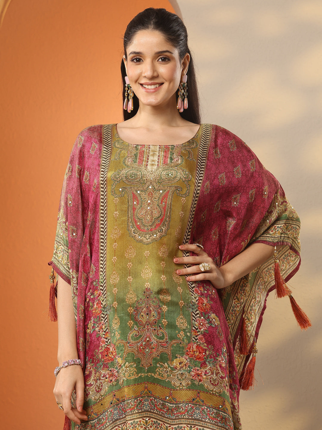  Magenta Printed Silk Blend Straight Kurta Set 