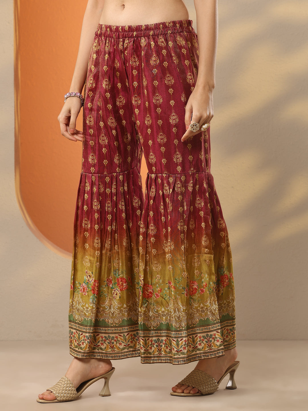  Magenta Printed Silk Blend Straight Kurta Set 