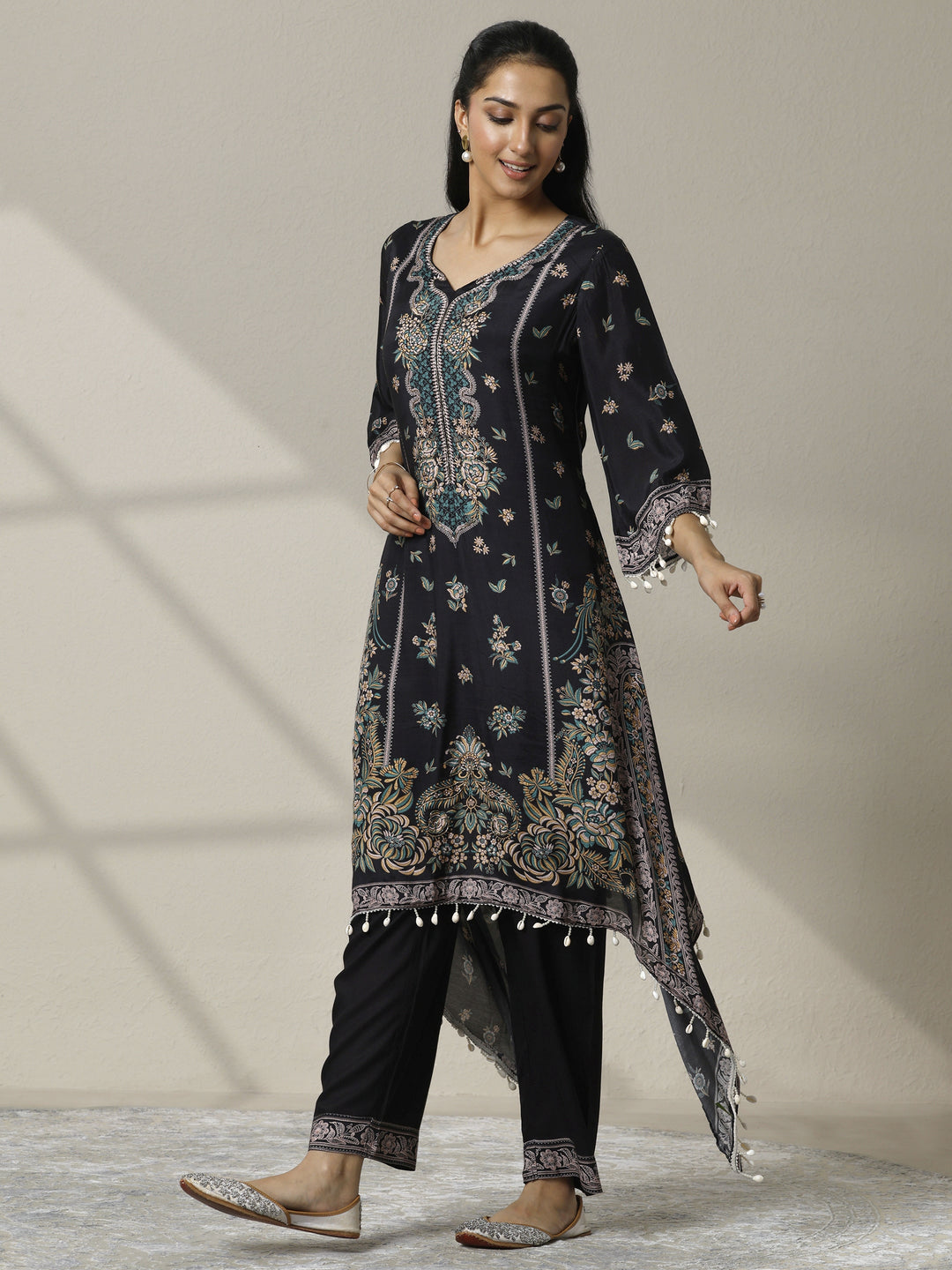  Black Printed Muslin Straight Kurta Set 