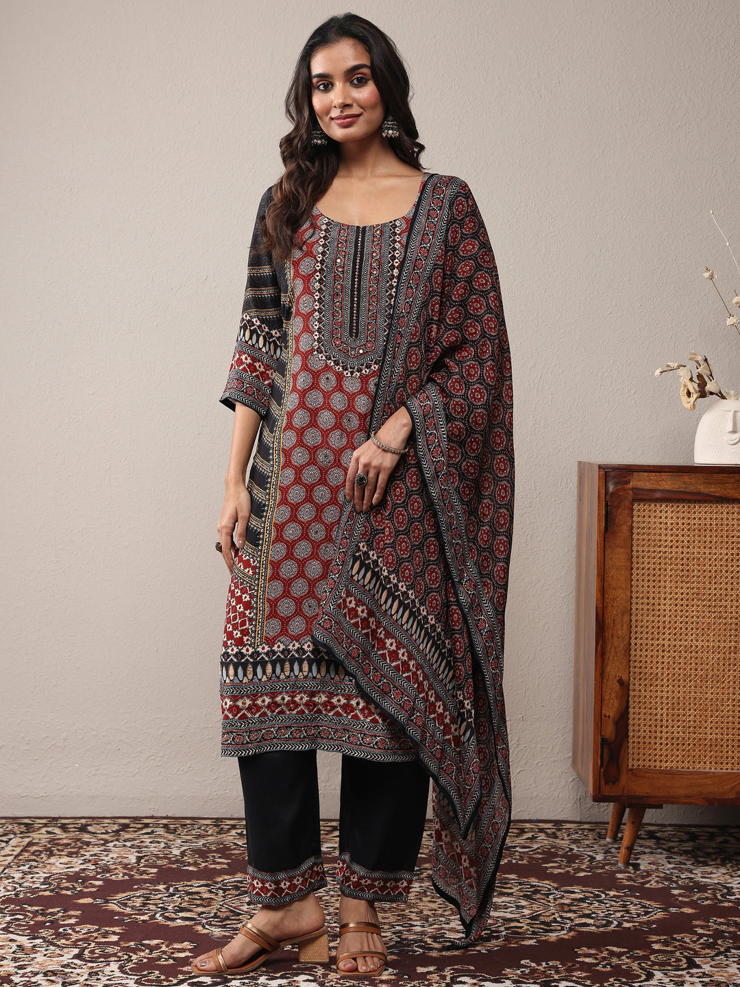  Rust Printed Silk Blend Straight Suit Set With Dupatta 