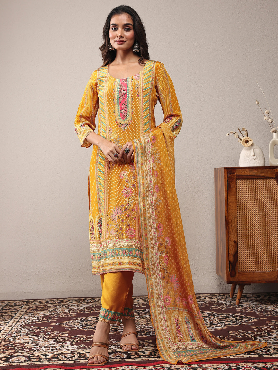  Mustard Printed Silk Blend Straight Suit Set With Dupatta 
