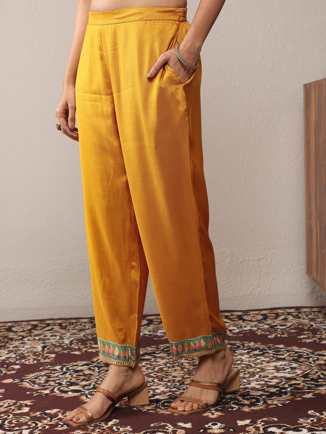  Mustard Printed Silk Blend Straight Suit Set With Dupatta 