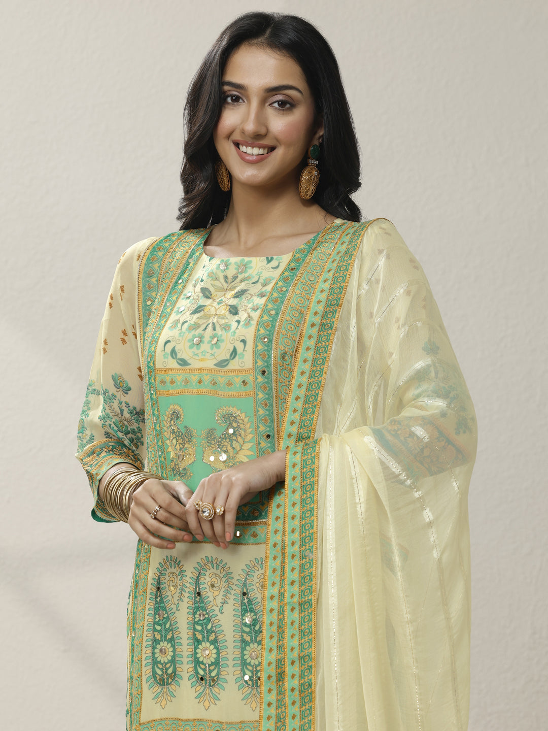  Cream Printed Organza Straight Suit Set With Dupatta 