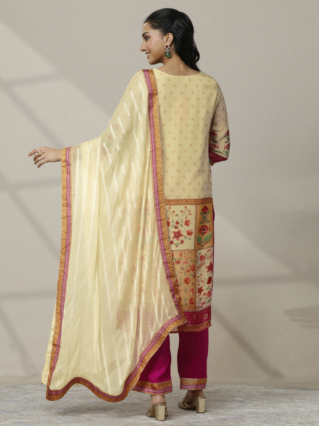  Cream Printed Organza Straight Suit Set With Dupatta 