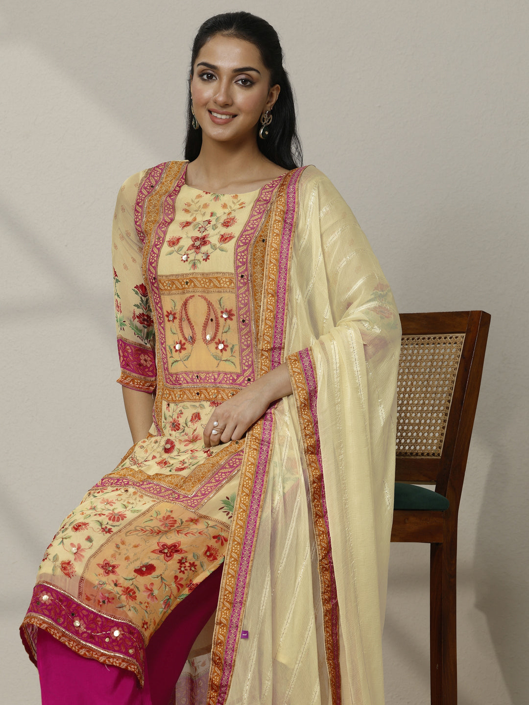  Cream Printed Organza Straight Suit Set With Dupatta 