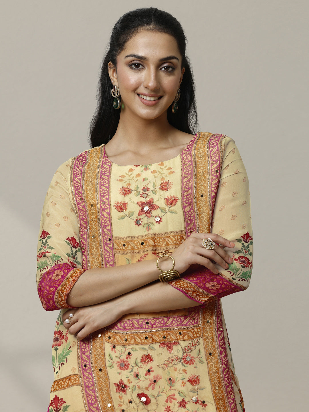  Cream Printed Organza Straight Suit Set With Dupatta 