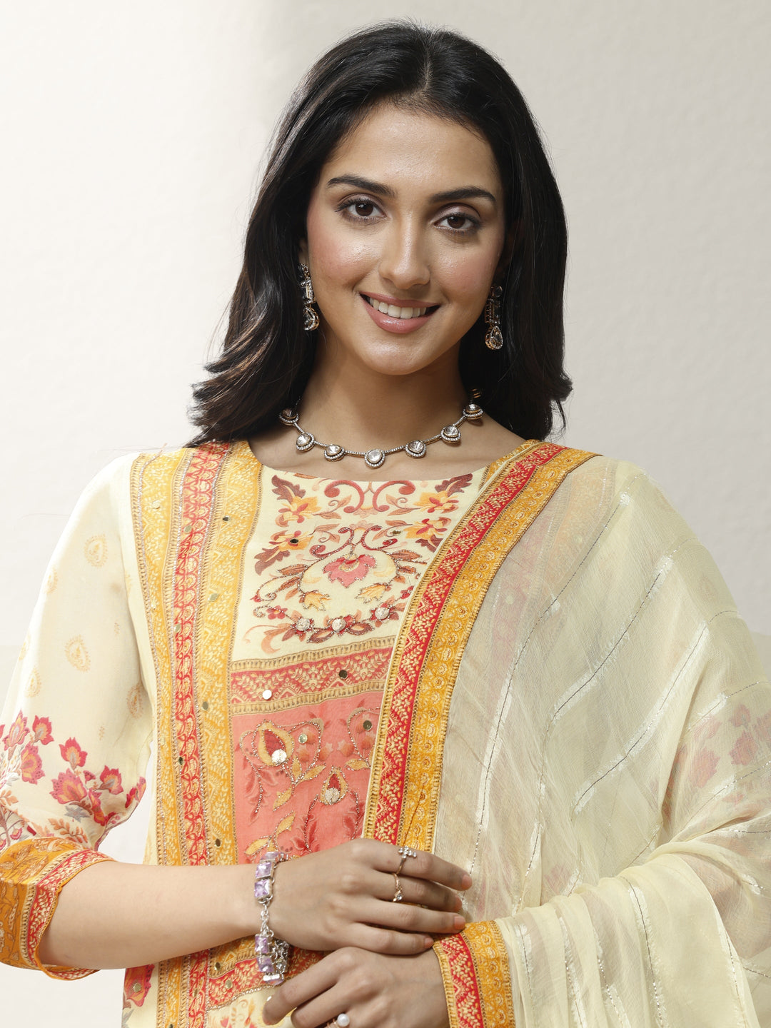  Cream Printed Organza Straight Suit Set With Dupatta 