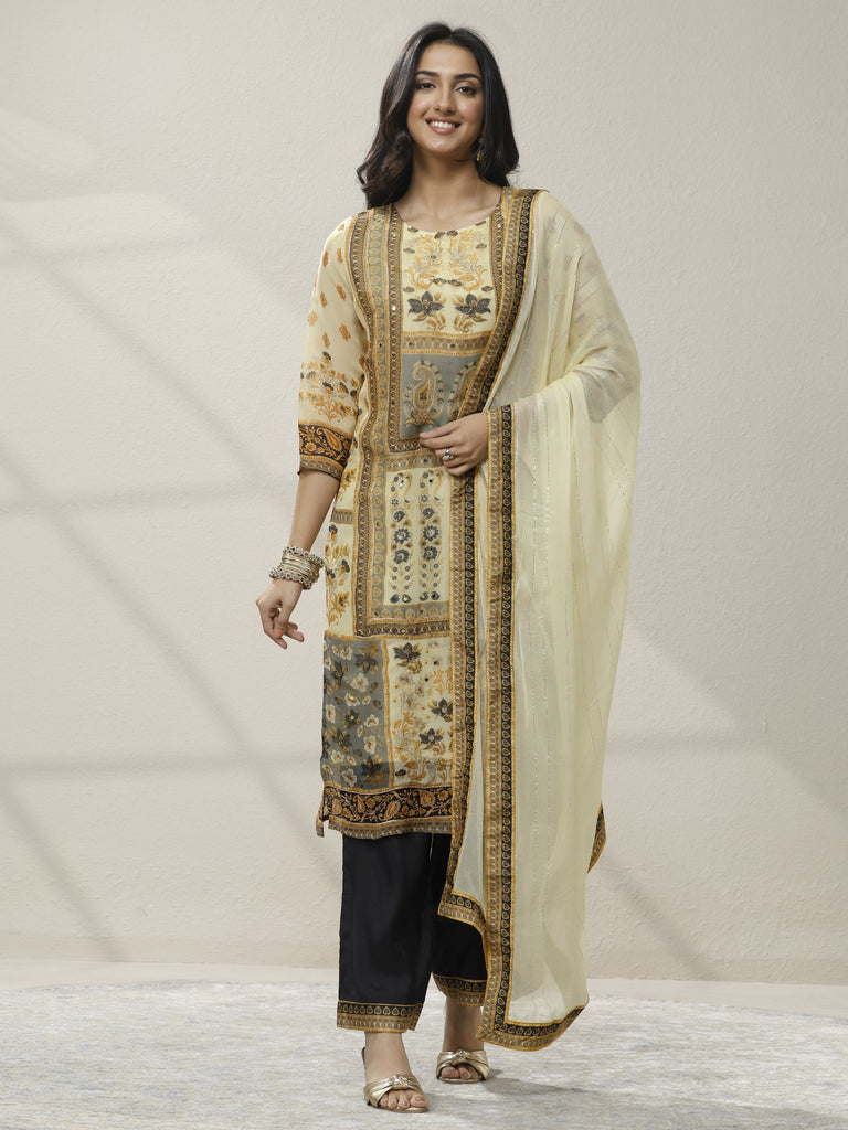Libas Cream Printed Organza Straight Suit Set With Dupatta
