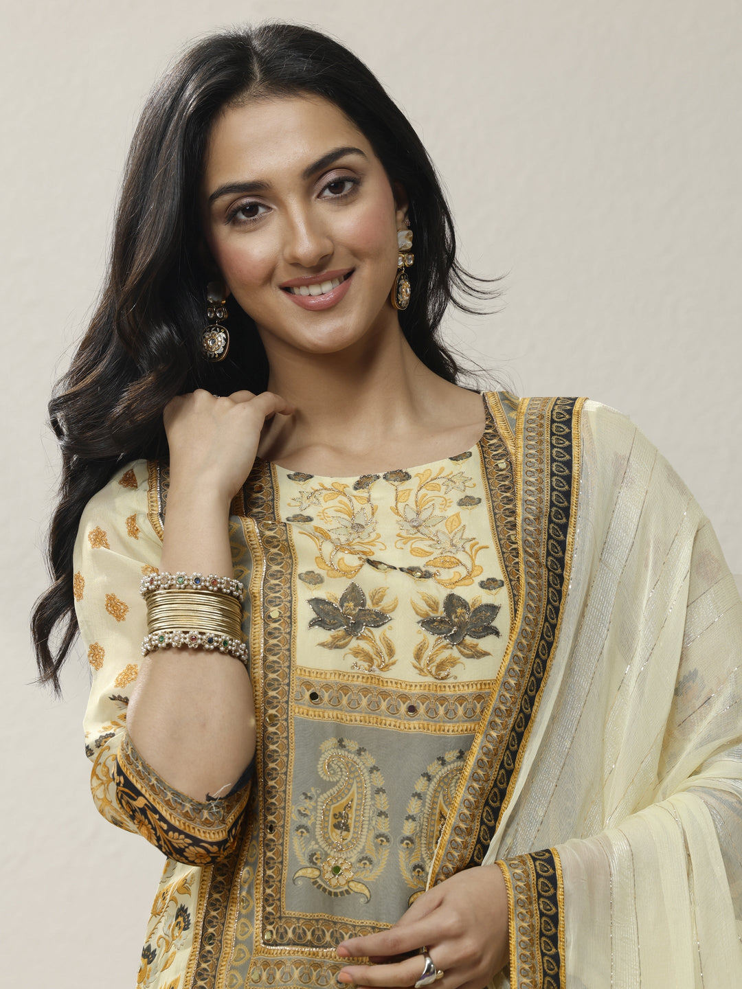  Cream Printed Organza Straight Suit Set With Dupatta 