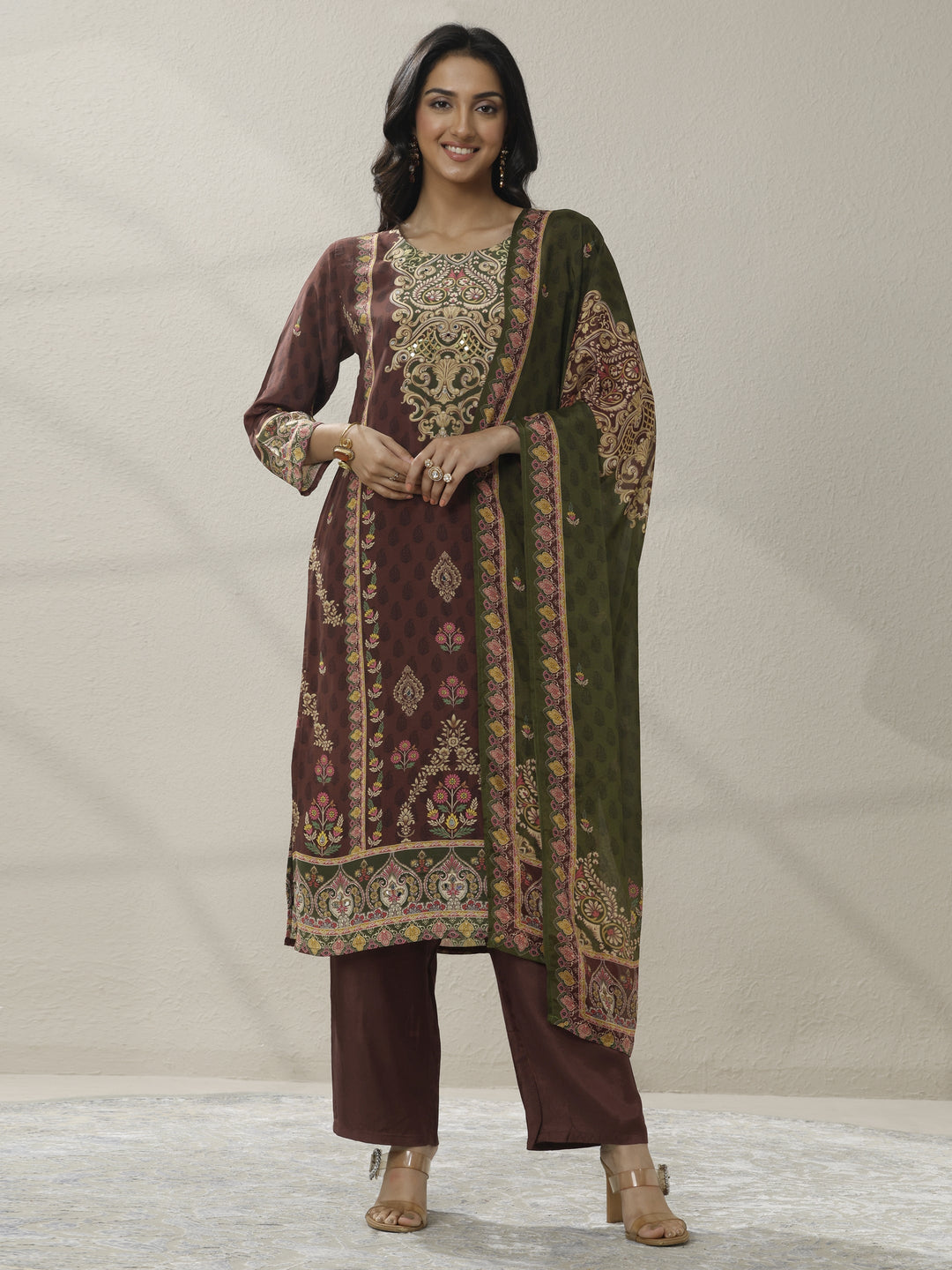 Rust Printed Muslin Straight Suit Set With Dupatta
