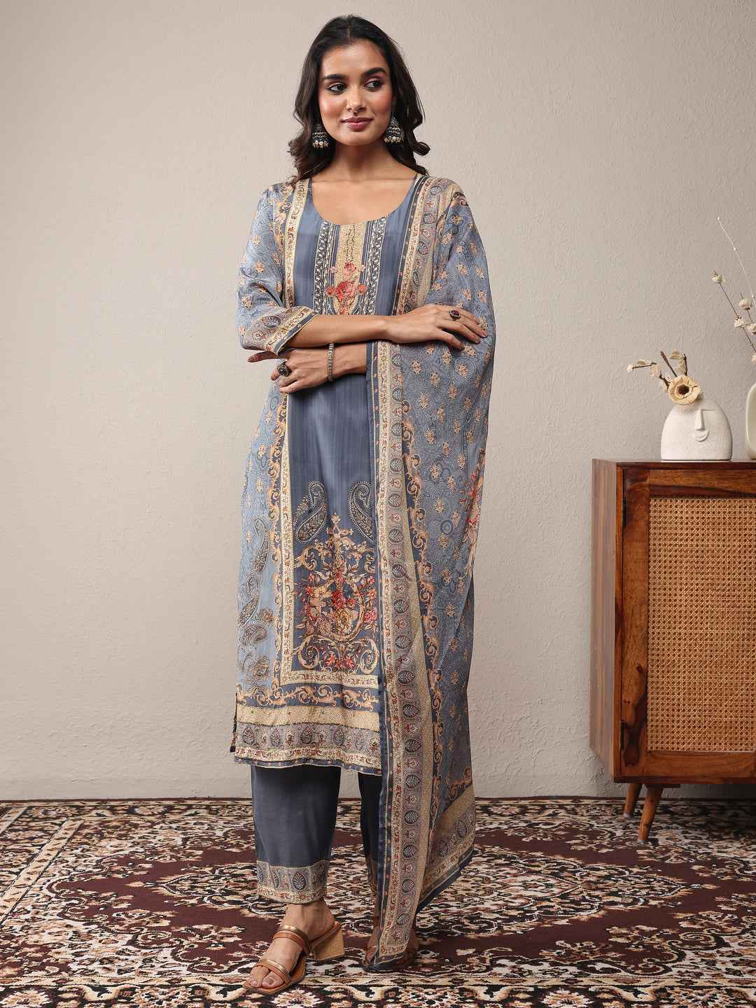  Blue Printed Silk Blend Straight Suit Set With Dupatta 