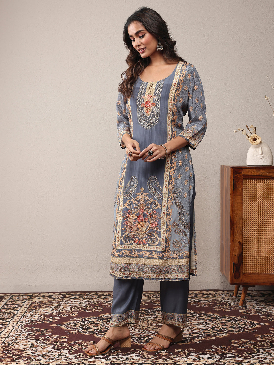  Blue Printed Silk Blend Straight Suit Set With Dupatta 