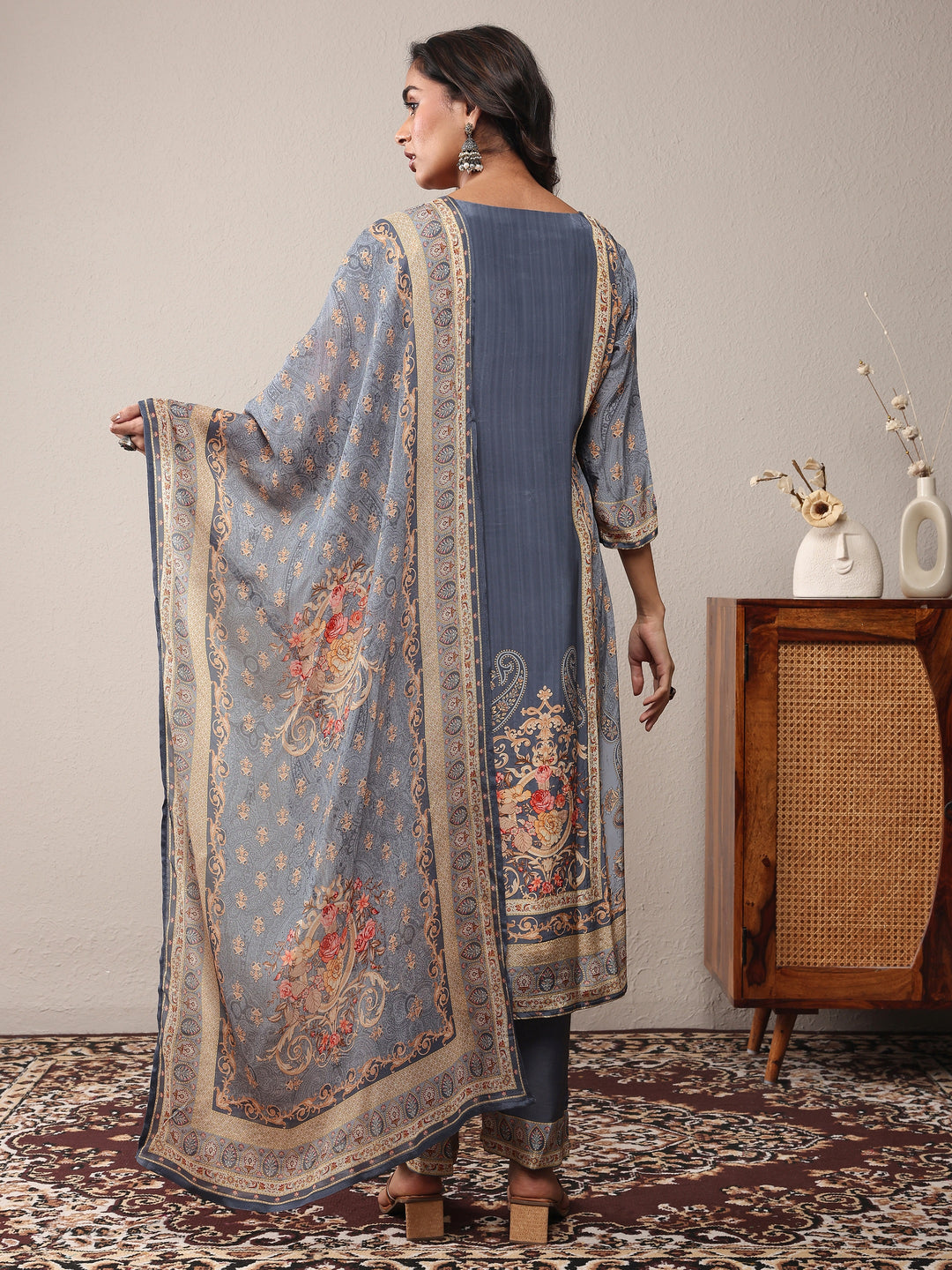  Blue Printed Silk Blend Straight Suit Set With Dupatta 